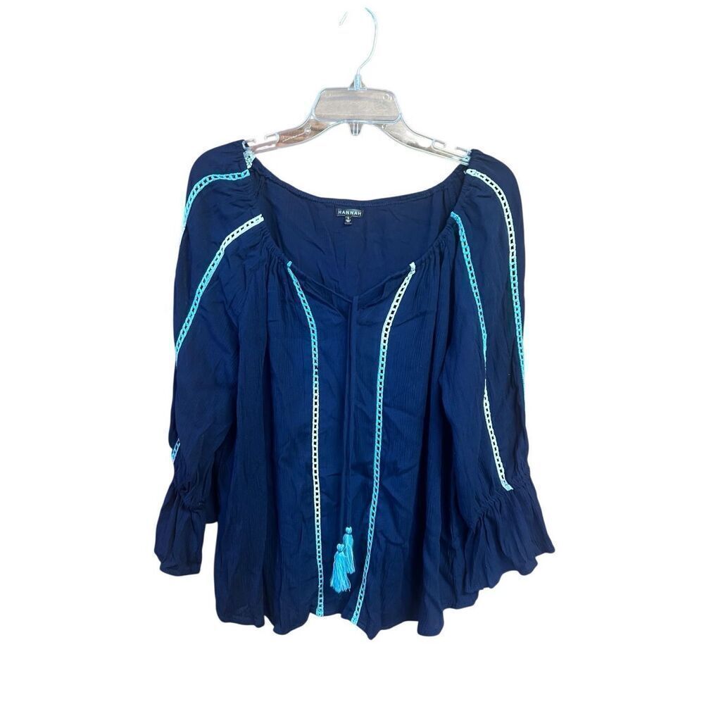 Hannah Navy Pullover tassel Blouse Sz L NWT